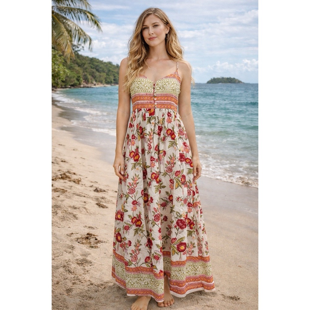 ANOKHI Floral Hand Block Print Indian Cotton Maxi Dress Boho A-line Sz M Cottage